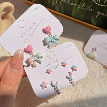 DAIIIBABYYY  -  Gradient Color Pink Blue Summer Bowknot Moon Star Pendant Earrings Set Women Korean Fashion Sweet Heart Stud Earring Jewelry